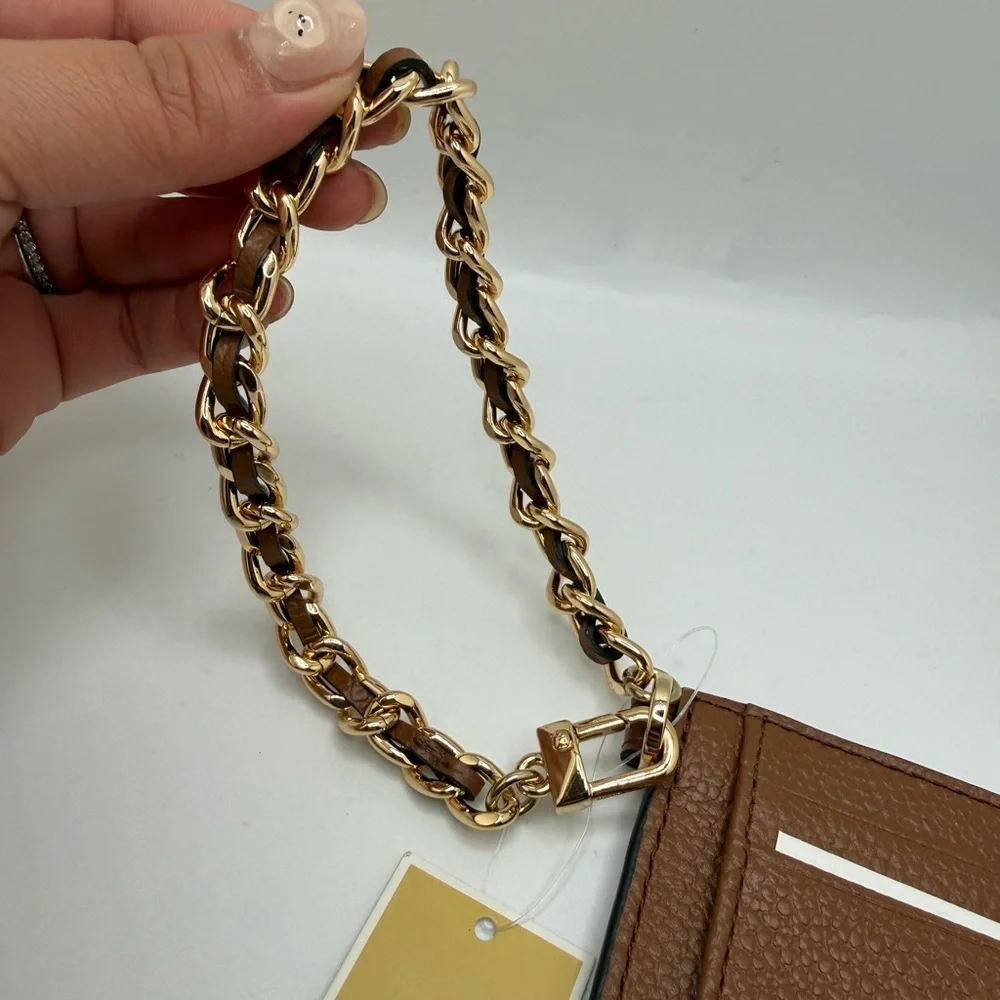 NWT Michael Kors Jet Set Charm Small ID Chain Card Holder Camel Pebbled Leather